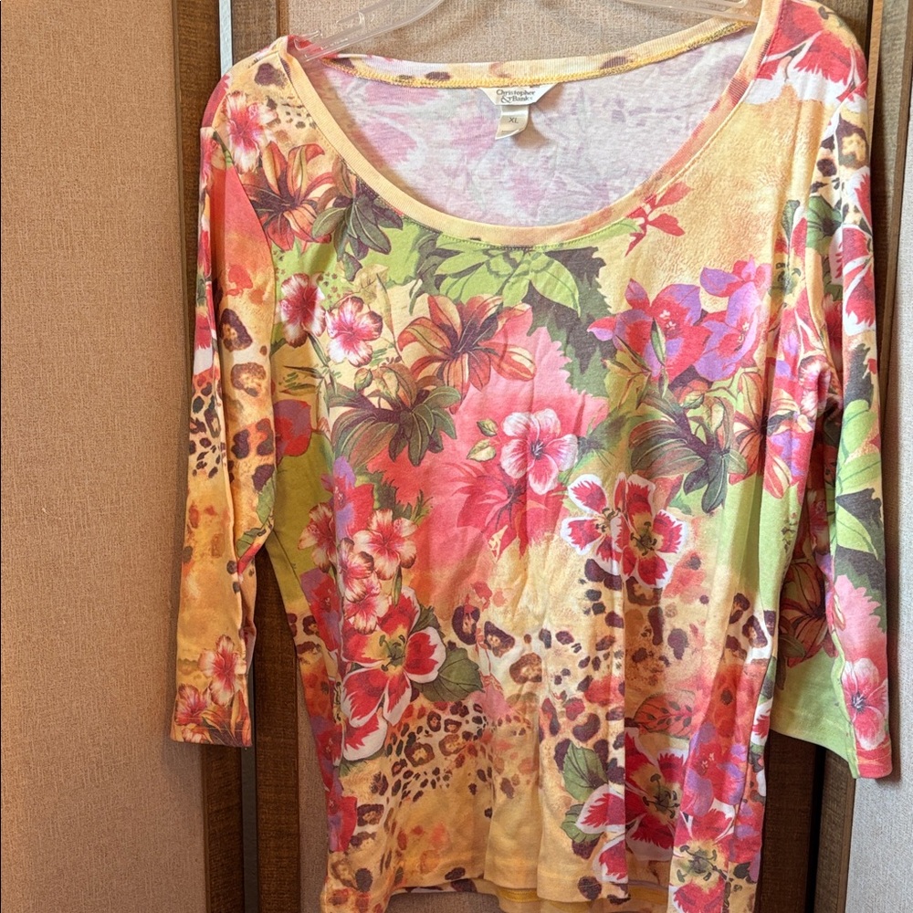 FINAL MARKDOWN Christopher & Banks Floral Top - Pink, Green, Yellow xl